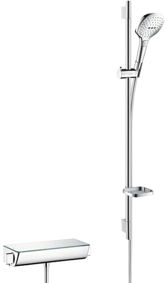 Hansgrohe Raindance Select E, sprchová súprava 120 3jet na stenu s termostatom Ecostat Select a sprchovou tyčou 90 cm, biela/chrómová, HAN-27039400