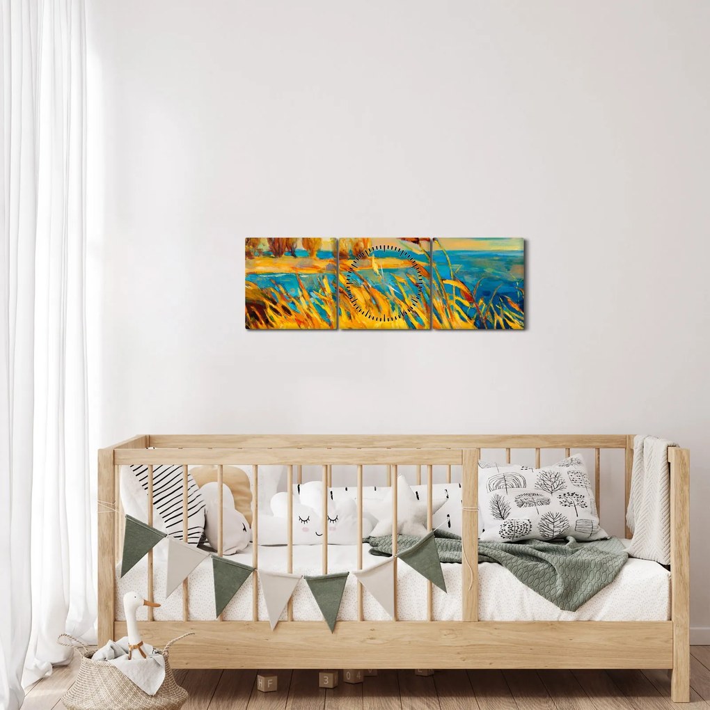 Obraz - Západajúce slnko nad jazerom, akrylová maľba (s hodinami) (90x30 cm)