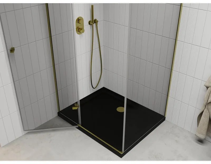 Mexen Roma, sprchovací kút s 1-krídlovými dverami 120 (dvere) x 80 (stena) cm, 6mm číre sklo, zlatý profil, slim sprchová vanička 5cm čierna, 854-120-080-50-00-4070G