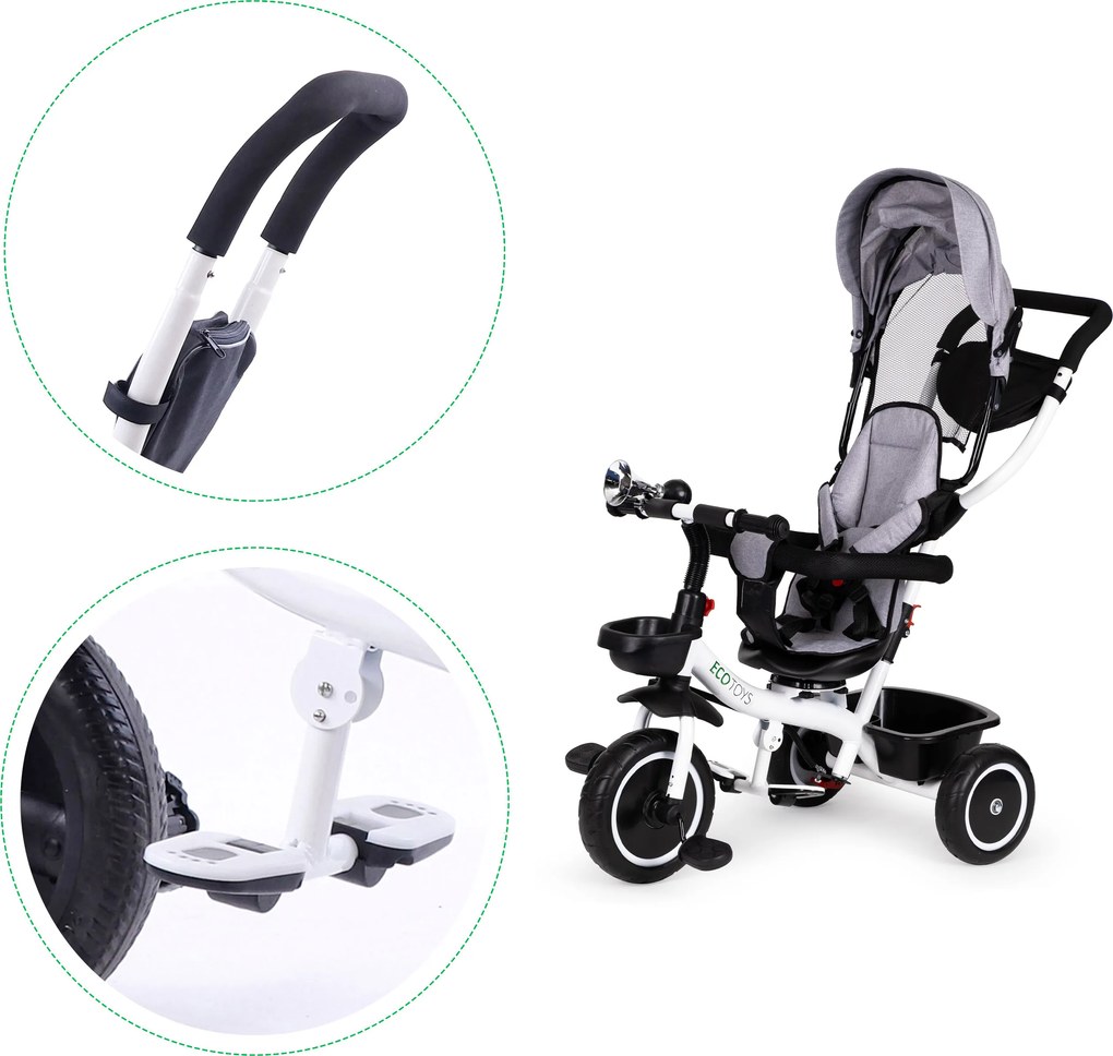 ECOTOYS trojkolka 360° otočné sedadlo, odnímateľná strieška, rodičovská rukoväť, EVA kolesá