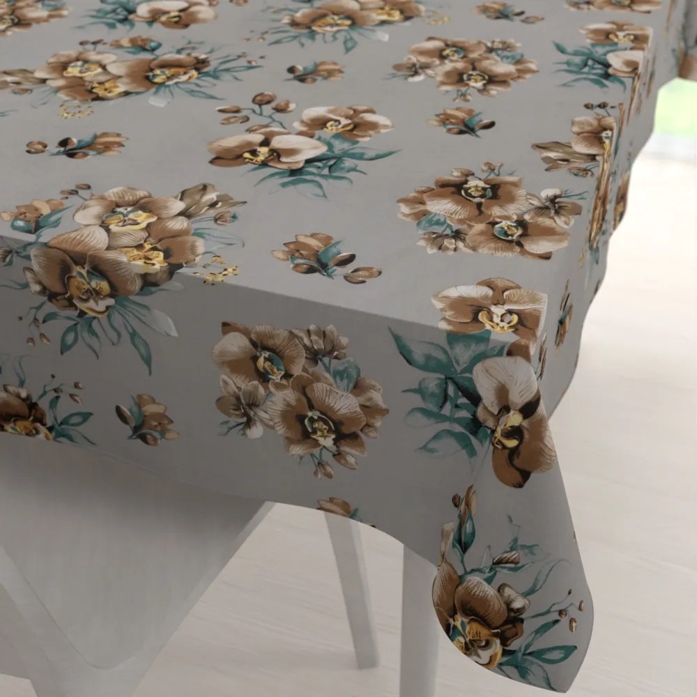 Biante Bavlnený obdĺžnikový obrus Sandra SA-622 Hnedé orchidey na sivom 140x220 cm