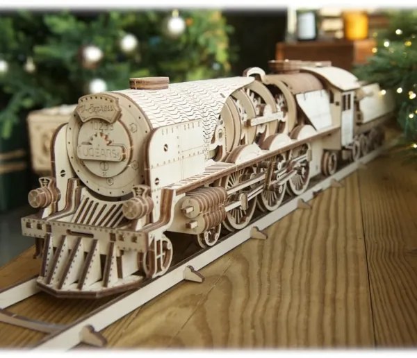 Ugears - 3D drevenené mechanické puzzle V-Express parná lokomotíva s tendrom