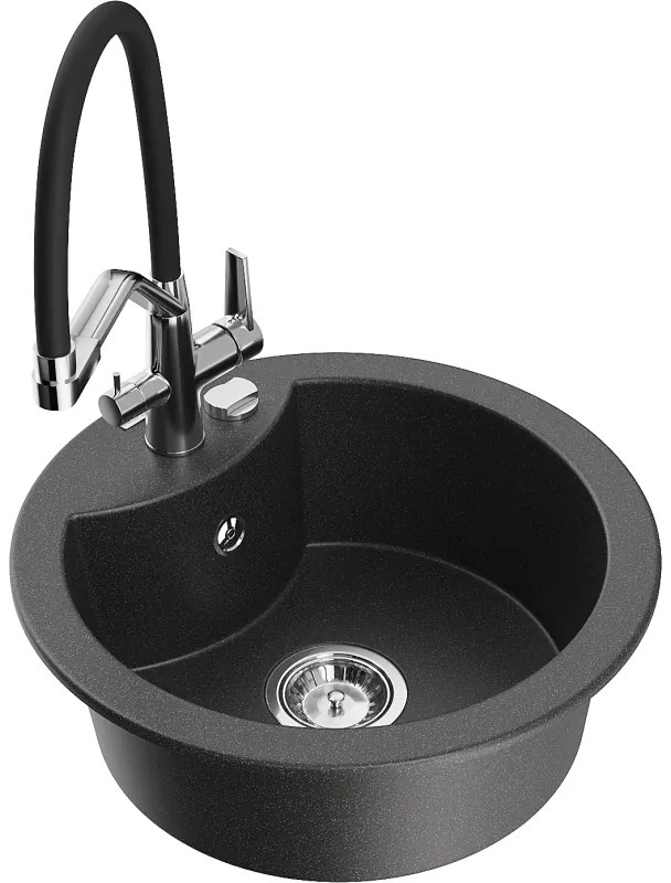Mexen Diego, 1-komorový granitový drez 488x488x167 mm a drezová batéria Duo, čierna škvrnitá, 6512-76-671701-07