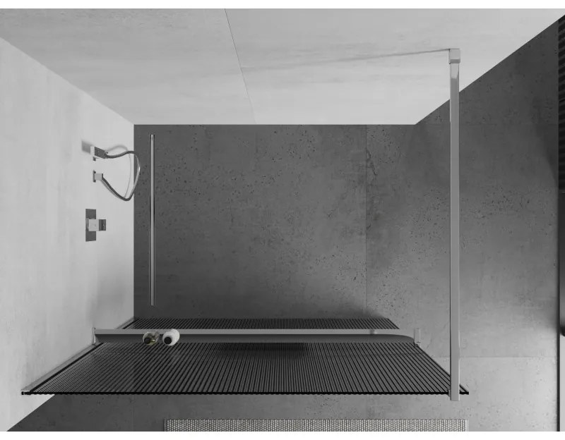 Mexen Kioto, sprchová zástena s poličkou a vešiakom na uteráky 100 x 200 cm, 8mm sklo s rebrovým vzorom, chrómový profil, 800-100-121-01-09