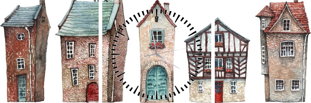 Obraz - Akvarelové domčeky (s hodinami) (90x30 cm)