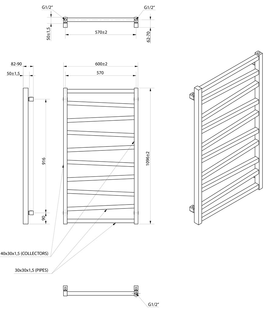 Sapho Sapho, ZIG vykurovacie teleso 600x1096mm, čierna matná, ZG611B