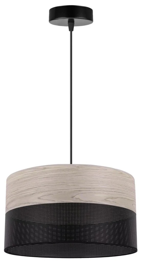 Závesné svietidlo Wood, 1x svetlobéžová dubová dýha/čierne PVC tienidlo, (fi 30cm)