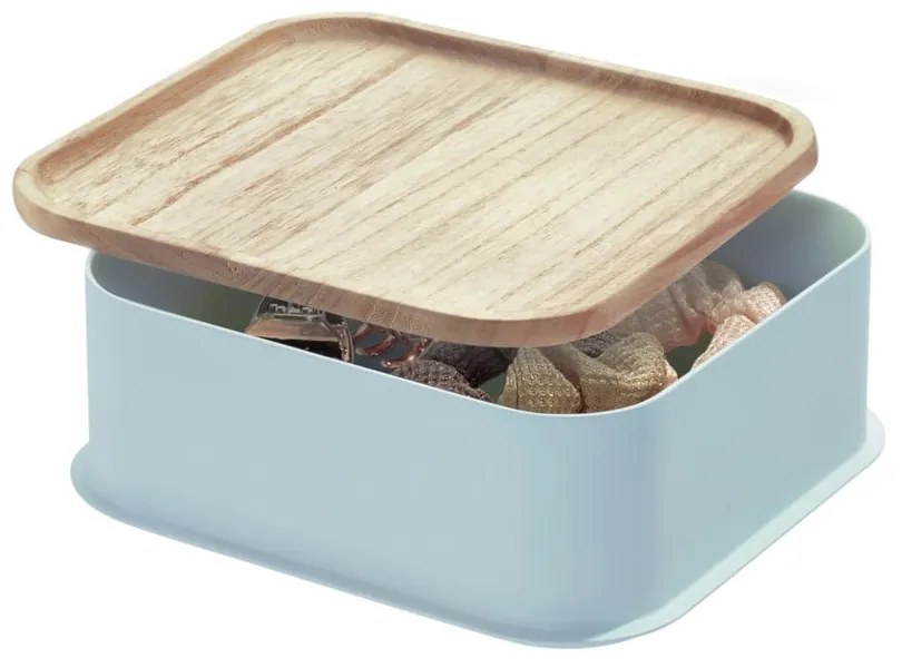 Sivý úložný box s vekom z dreva paulownia iDesign Eco, 21,3 x 21,3 cm