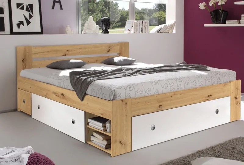 Posteľ s nočnými stolíkmi Stefan 140x200 cm, dub artisan/biela