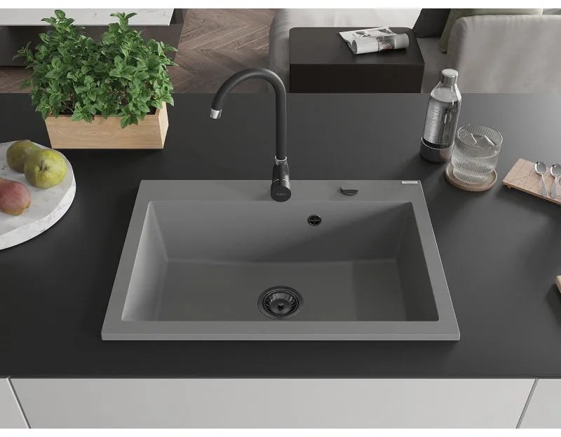 Mexen Elix, 1-korový granitový drez 700 x 500 mm, šedá, čierny sifón, 6526701005-71-B