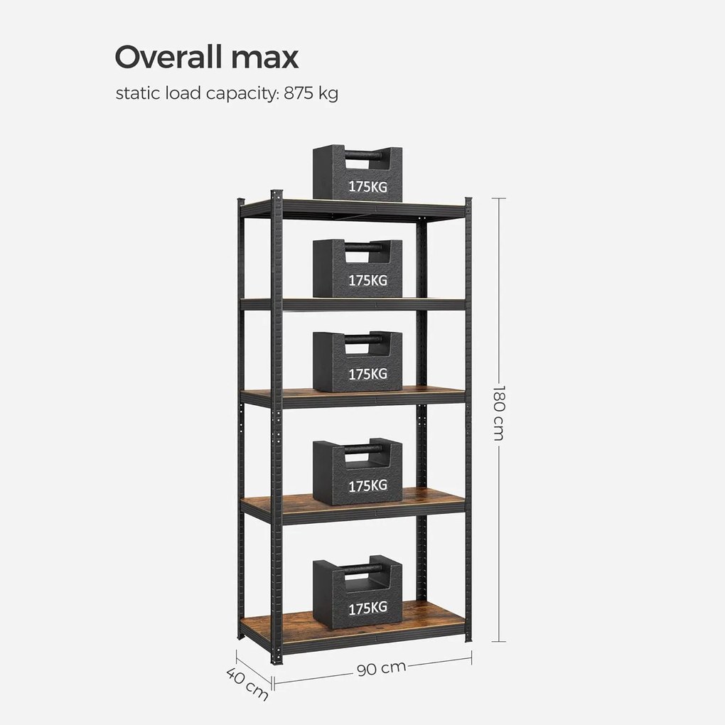 Regál s vysokou nosnosťou, nastaviteľné police, rustikálny hnedý