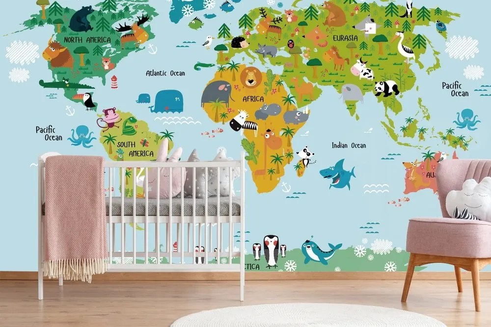 Samolepiaca tapeta detská mapa sveta so zvieratkami - 300x200