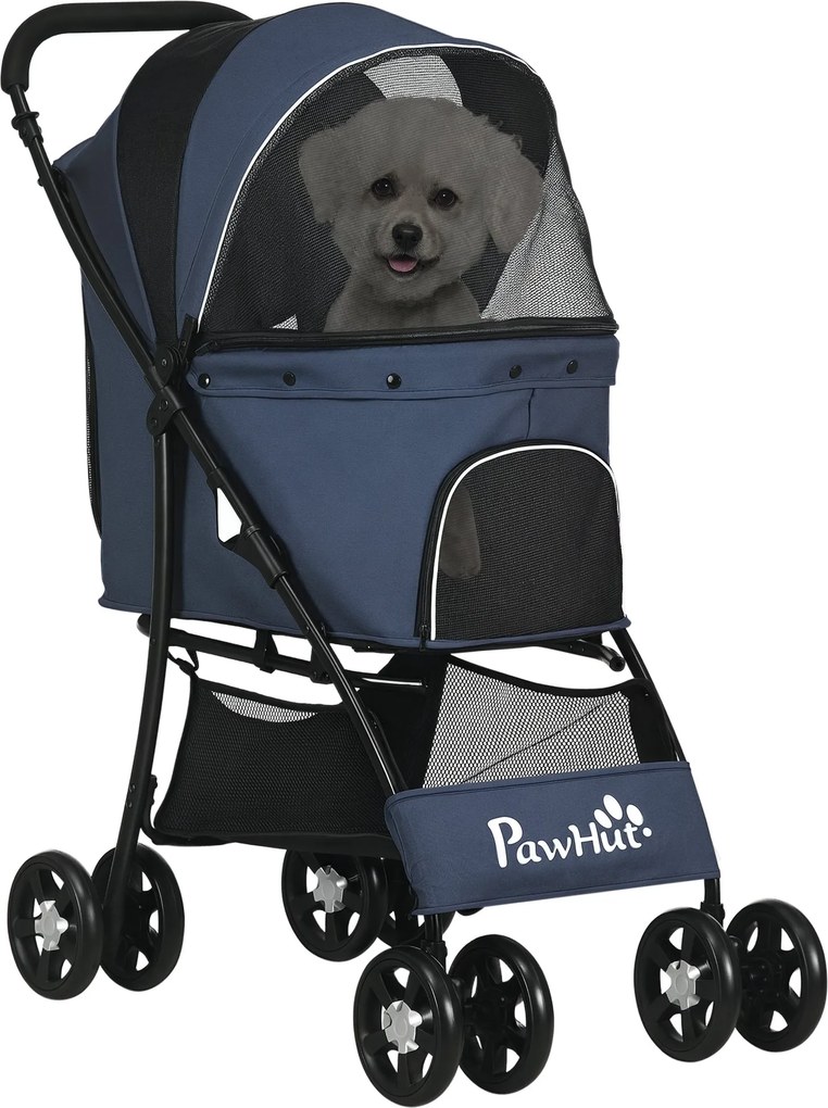 PawHut Kôň pre psov, Skladateľný psí vozík, Psí vozík s poduškou, Mačací vozík, Mačacie vozenie na 4 kolesách, Priesvitné okno, Úložný priestor pre ma