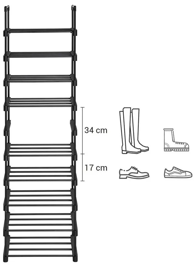 Stohovateľný regál na topánky TUBE, 10 políc, 45x30x174cm, čierna SongmicsHome