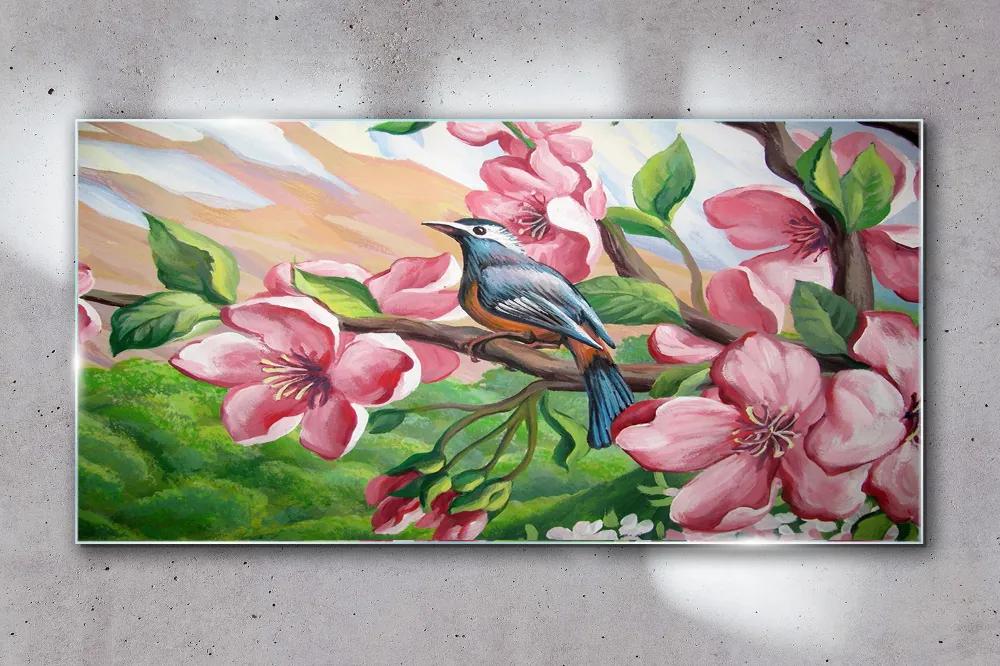 Skleneny obraz Abstrakcie kvety vták