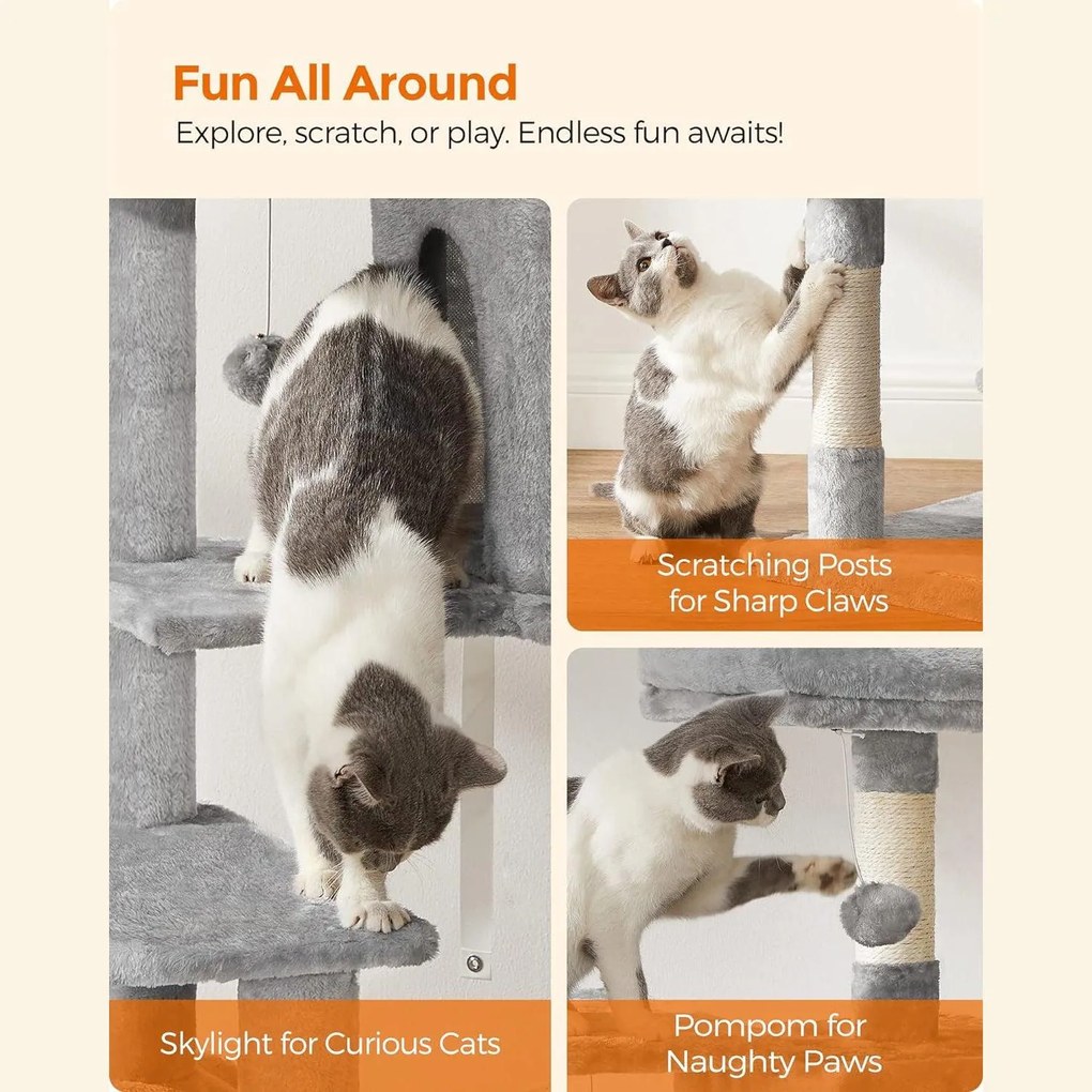 Mačací strom, škrabadlo, 143 cm vysoký, 2 výhliadky, jaskyňa, svetlosivá farba