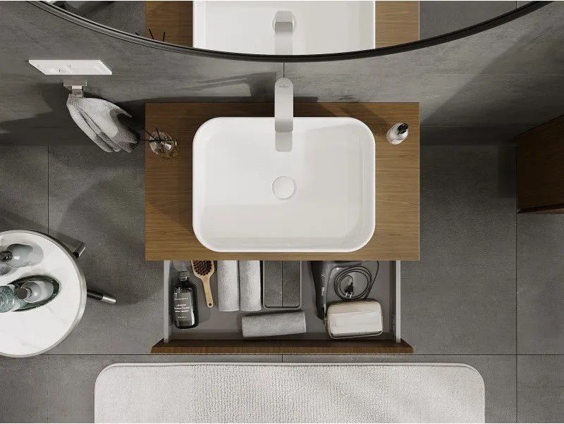 Mexen Rivel, kúpeľňová skrinka 80 cm s hornou časťou, 2 zásuvky, drážkovaná, orech, 91A20-08047-2-BFFC86