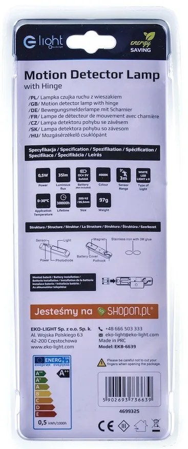 LED svietidlo do skrinky, 1x LED 0,5w 4000k, w, pohybový senzor + vešiak