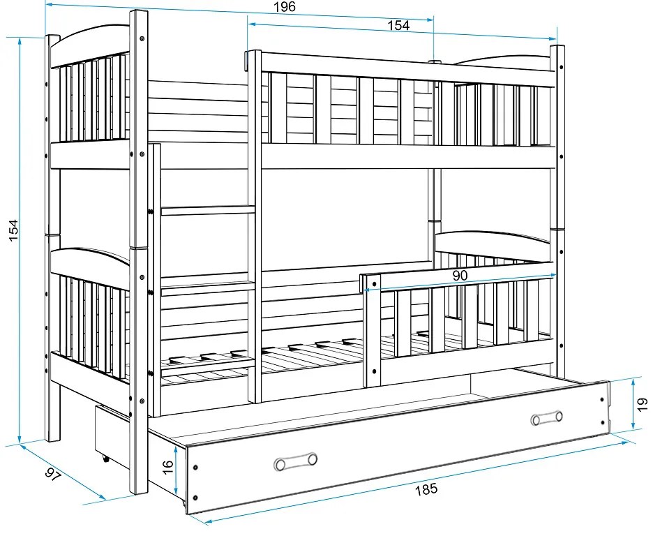 Interbeds Poschodová posteľ Kubus prírodná so šuplíkom190cm x 90cm - grafitová