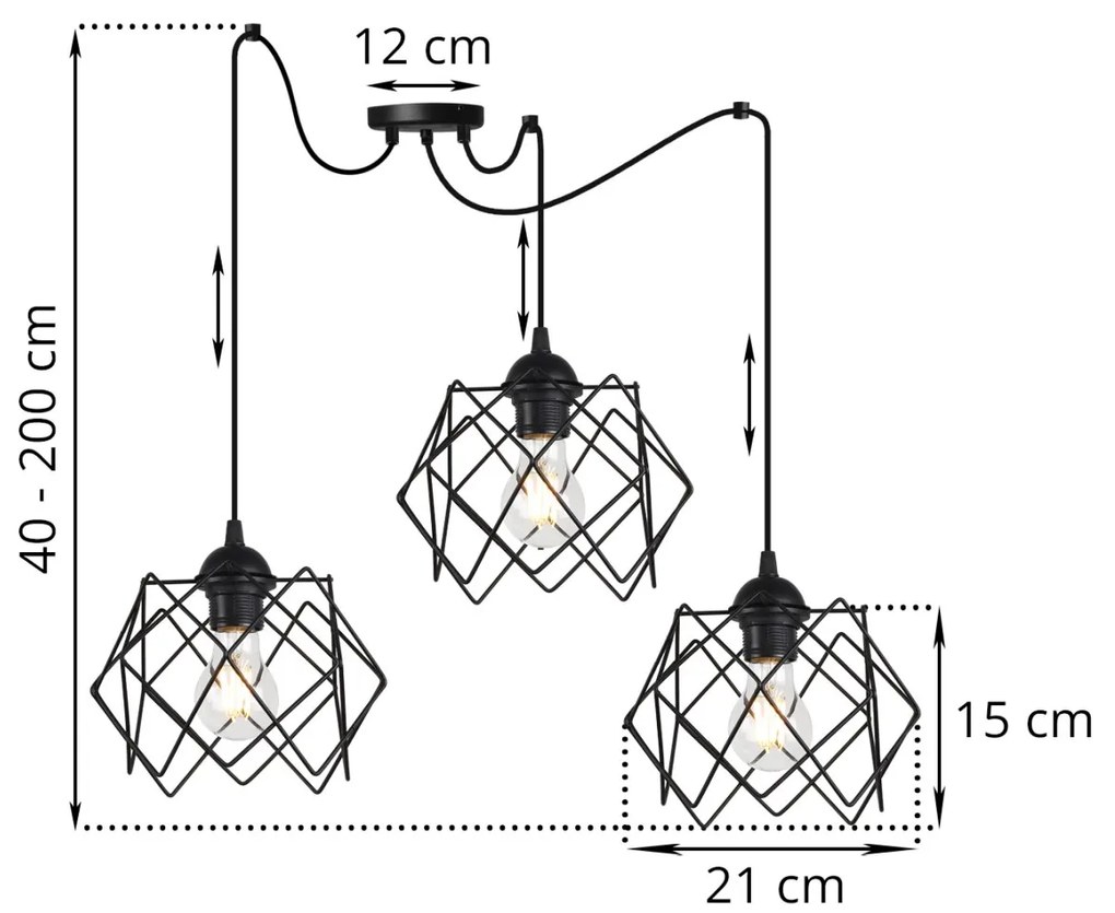 Light Home Závesné svietidlo Stella Spider, 3x čierne drôtené tienidlo