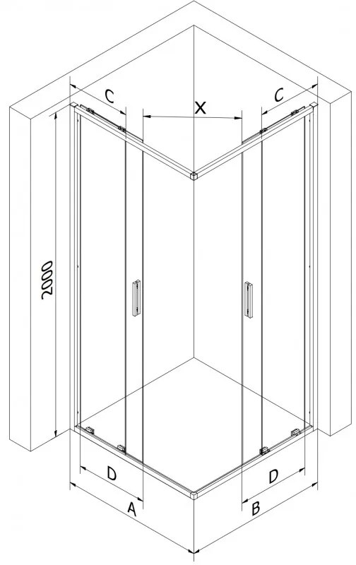 Mexen Exo, štvorcový sprchovací kút s posuvnými dverami 70x70 cm, 6mm číre sklo, čierny profil, 8111-070-070-70-00