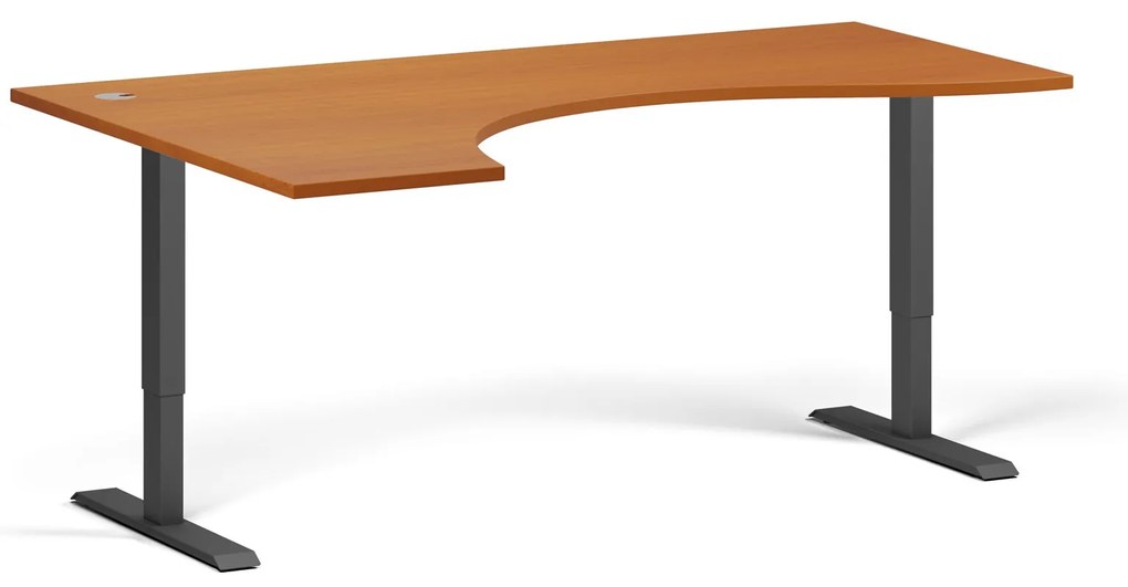 Ergonomický výškovo nastaviteľný stôl, 180x120 cm, 2 motory, L/P, čierna podnož, čerešňa