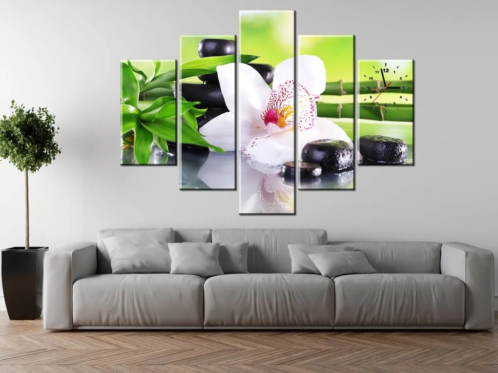 Gario Obraz s hodinami Biela orchidea a kamene - 5 dielny Rozmery: 150 x 105 cm