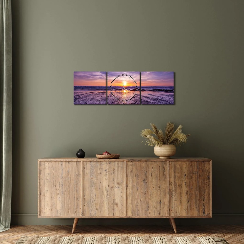 Obraz pláže - západ slnka (s hodinami) (90x30 cm)