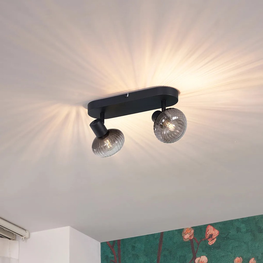 Zaoblené stropné bodové svetlo čierne s dymovým sklom 2-svetlo - Teddy