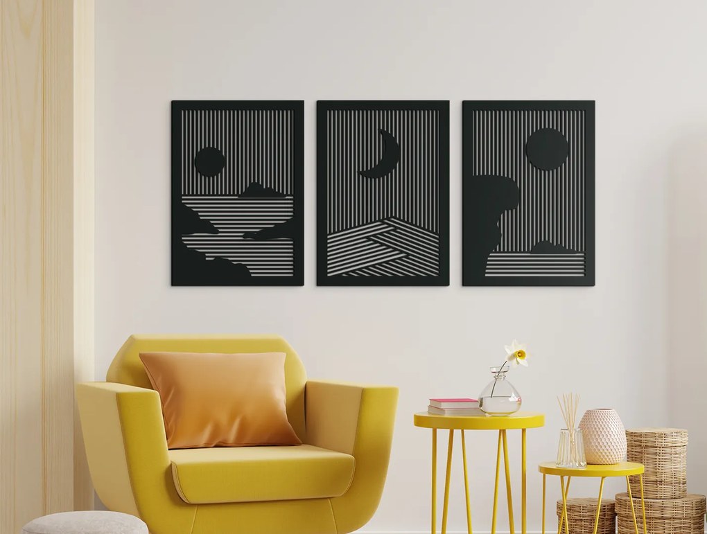 drevko Drevený viacdielny obraz Slnko a Mesiac Rozmer obrazu: 28,5 x 65 cm, Farba dekorácie: Čierna