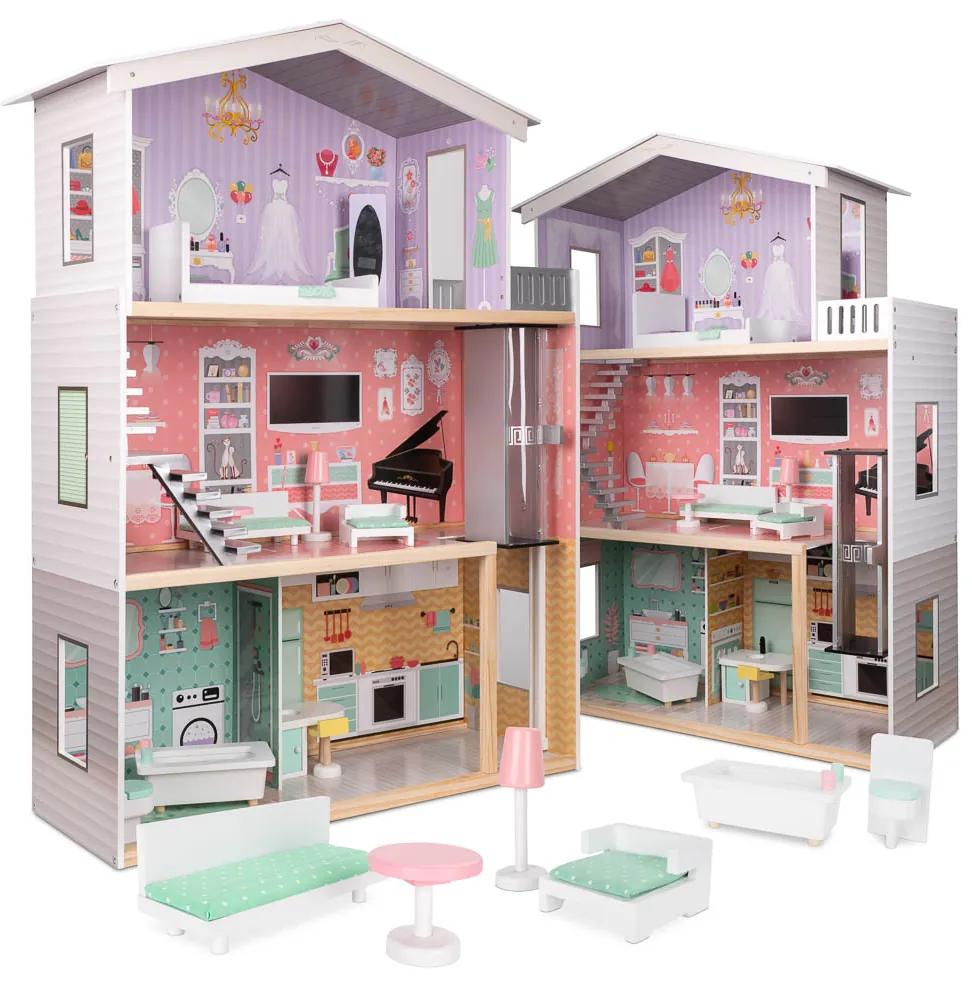 KIK Drevený domček pre bábiky + nábytok pastel 117cm