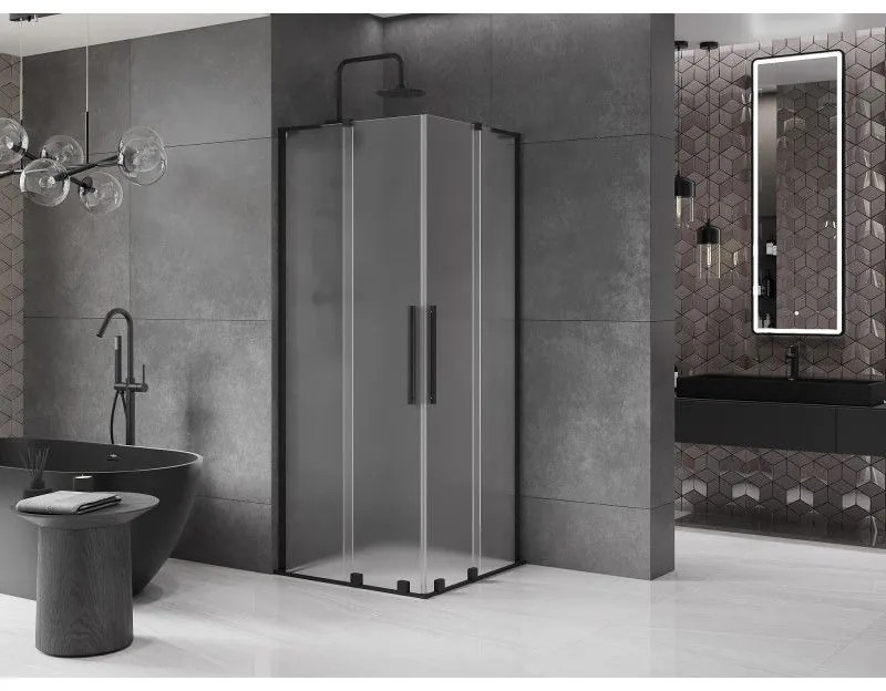 Mexen Velar L Duo, sprchový kút s posuvnými dverami 90 x 90 cm, 8mm sklo námraza, čierna matná, 871-090-090-02-33-70