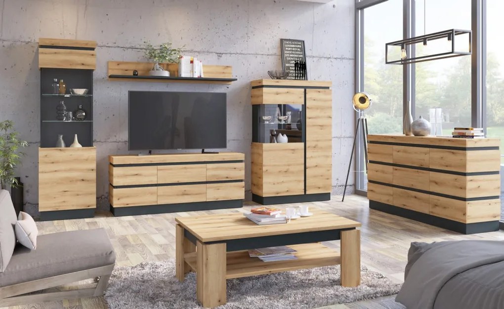 Nízká vitrína Corte, dub coast/tmavo šedá