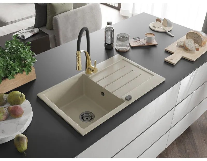 Mexen Bruno, 1-komorový granitový drez 795x495x200 mm a drezová batéria Aster, béžová, 6513-69-73450-57-B