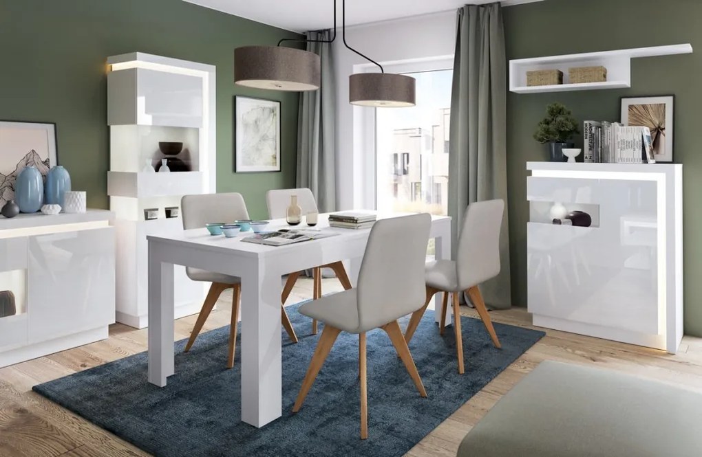 Vysoká vitrína Lyon, biela lesk, s osvetlením, ľavá