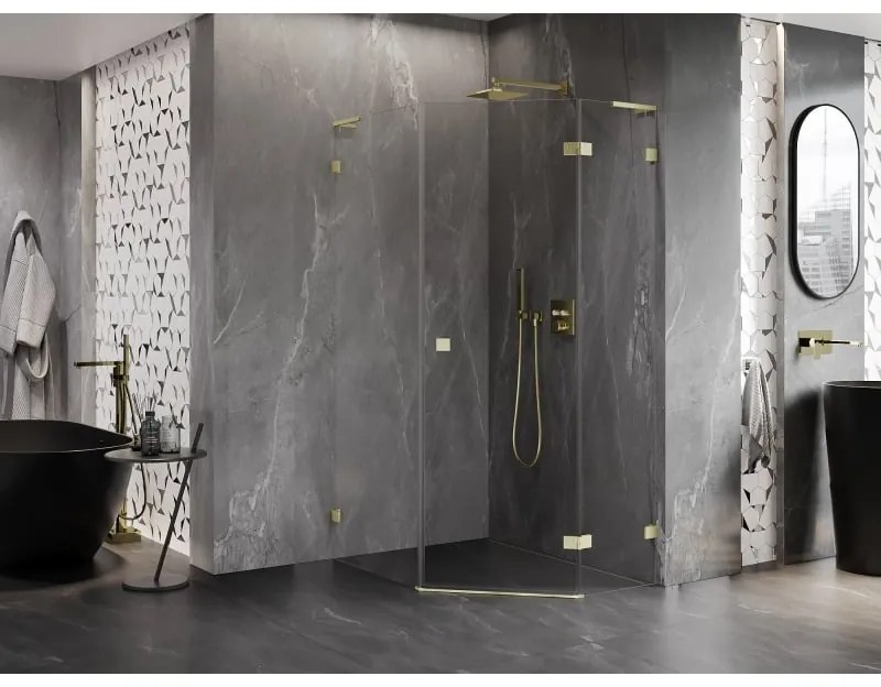 Mexen Lunar, L pravý výklopný päťuholníkový sprchový kút 80 x 90 cm, 8mm číre sklo, zlatý matný profil, 831L-080P-090L-55-00-P