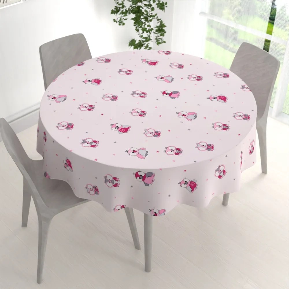 Biante Detský bavlnený okrúhly obrus Sandra SA-726 Ružové sovičky na bledo ružovom Ø 120 cm