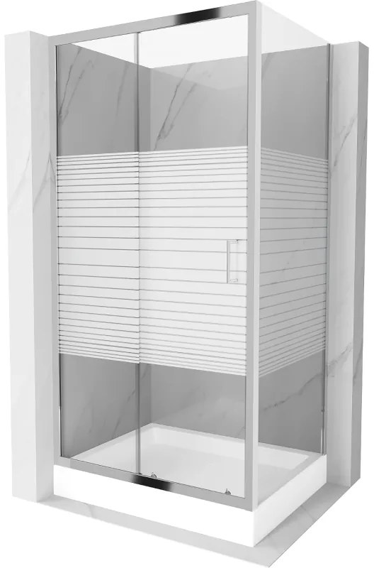 Mexen Apia, sprchový kút s posuvnými dverami 120 (dvere) x 80 (stena) cm, 6mm číre sklo s pásikmi, chrómový profil + biela sprchová vanička RIO s chrómovým sifónom, 840-120-080-01-20-4510