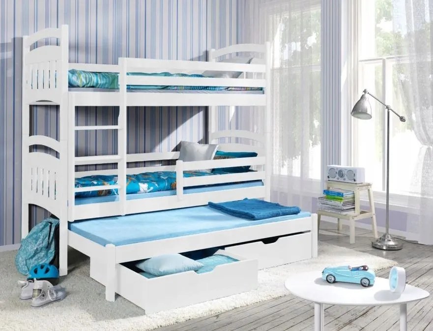 Detská poschodová posteľ z masívu borovice JAKUB III s prístelkou a šuplíky - 200x90 cm - biela