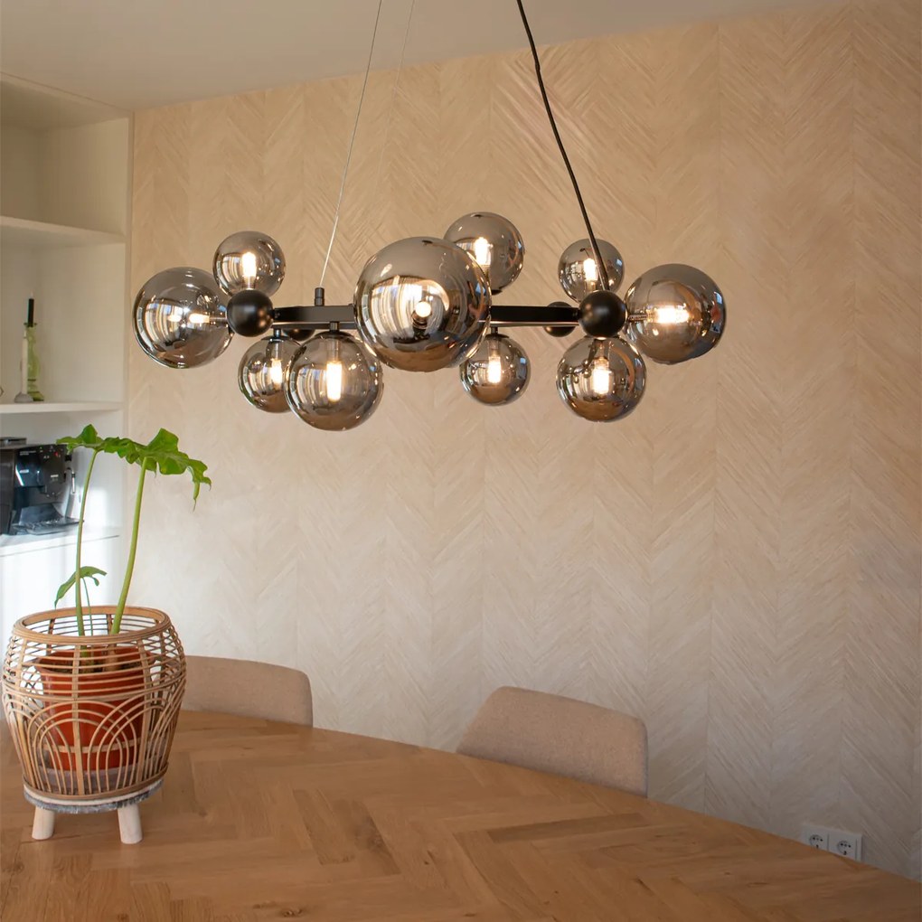 Závesné svietidlo v štýle Art Deco čierne s dymovým sklom 12-svetlo - David