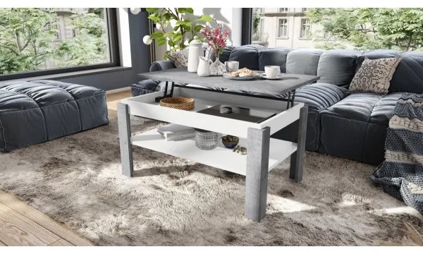 Rozkladací konferenčný stôl so zvíhacou doskou a poličkou ADEN šedá betón/biela