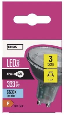 EMOS LED žiarovka, GU10, MR16, 4,2W, 400lm, studená biela