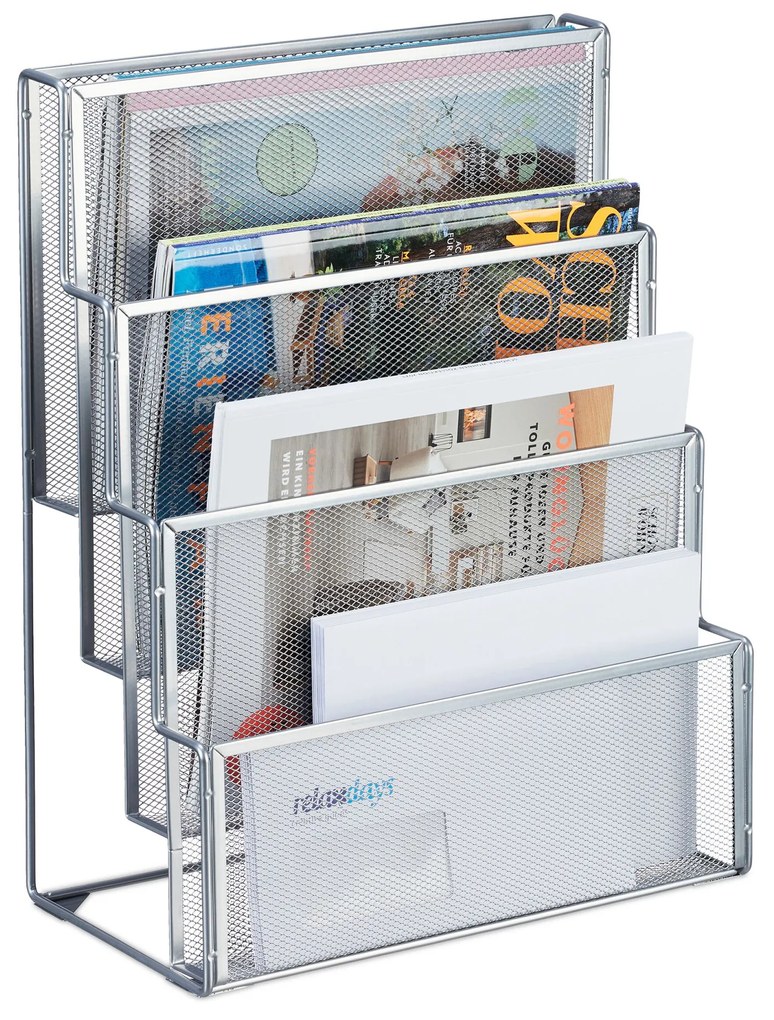 Kovový držiak na časopisy 4 priehradky, strieborný RD47526