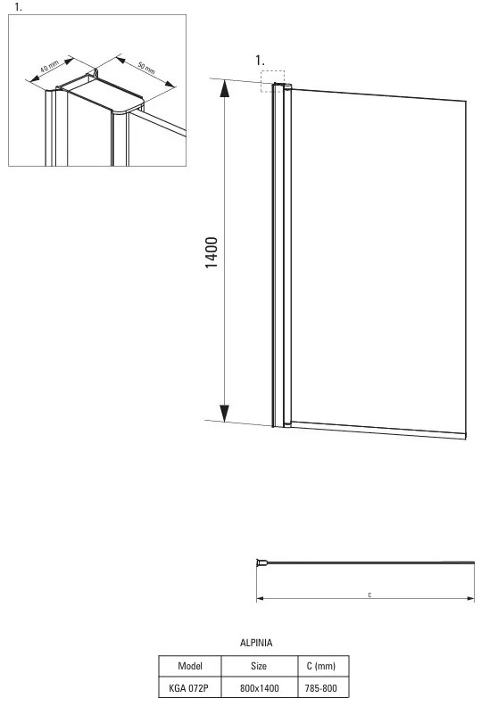 Deante Alpinia, vaňová zástena 80x140 cm, otočné krídlo so zdvíhacím pántom, 6mm číre sklo, chrómový profil, DEA-KGA_072P
