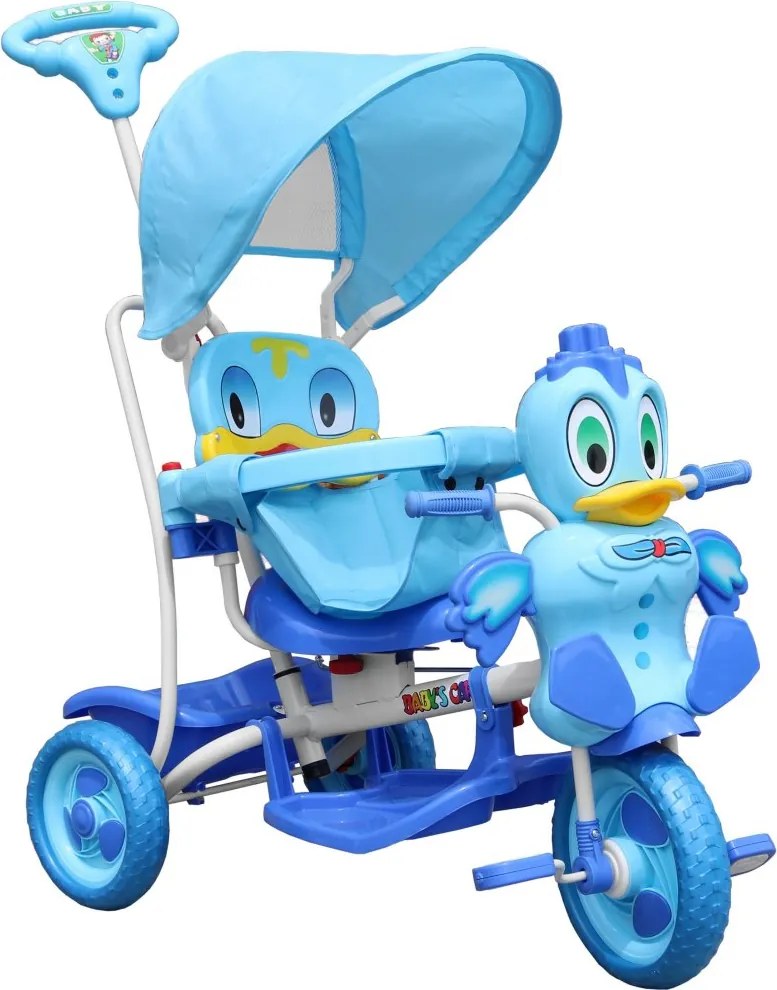 RAMIZ Detský 3-kolesový bicykel Duck Blue + zvuky + strecha + zábrana + opierka na nohy + rukoväť + úložný priestor