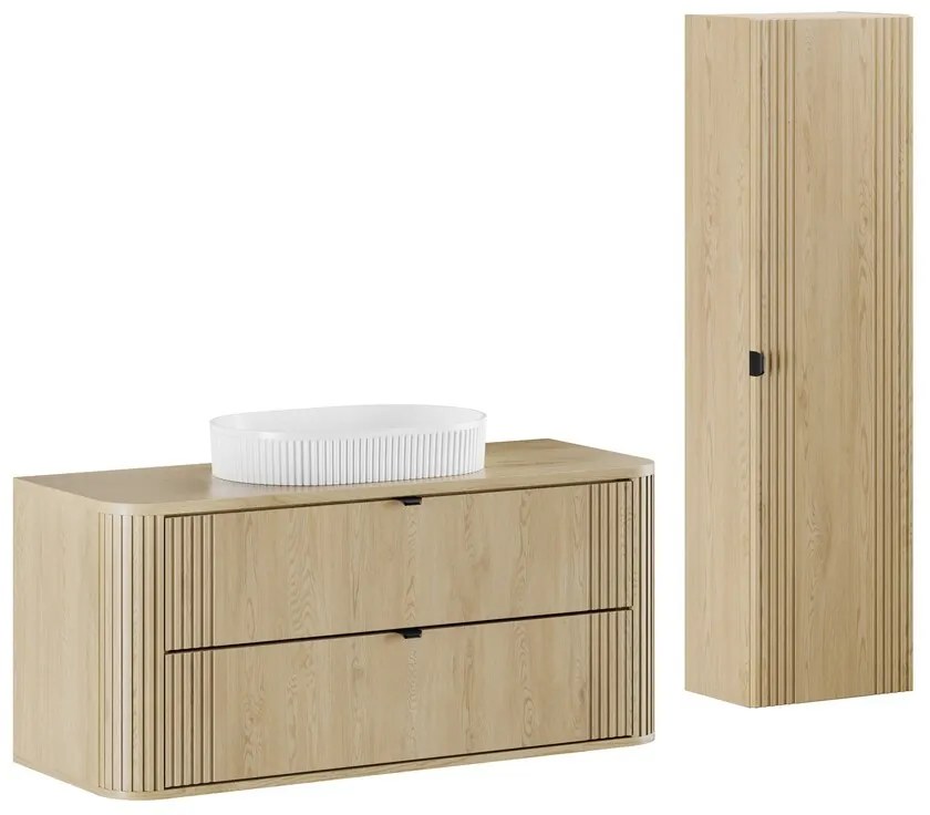 Kúpeľňová zostava Ovalia s doskou, umývadlom a skrinkami 120 cm dub Cremona