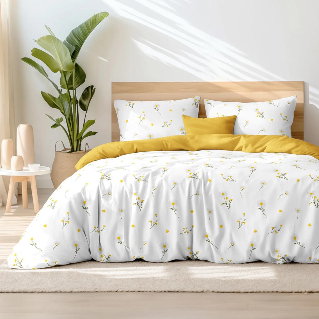 Goldea bavlnené posteľné obliečky duo - harmanček s medovo žltou 150 x 200 a 50 x 60 cm