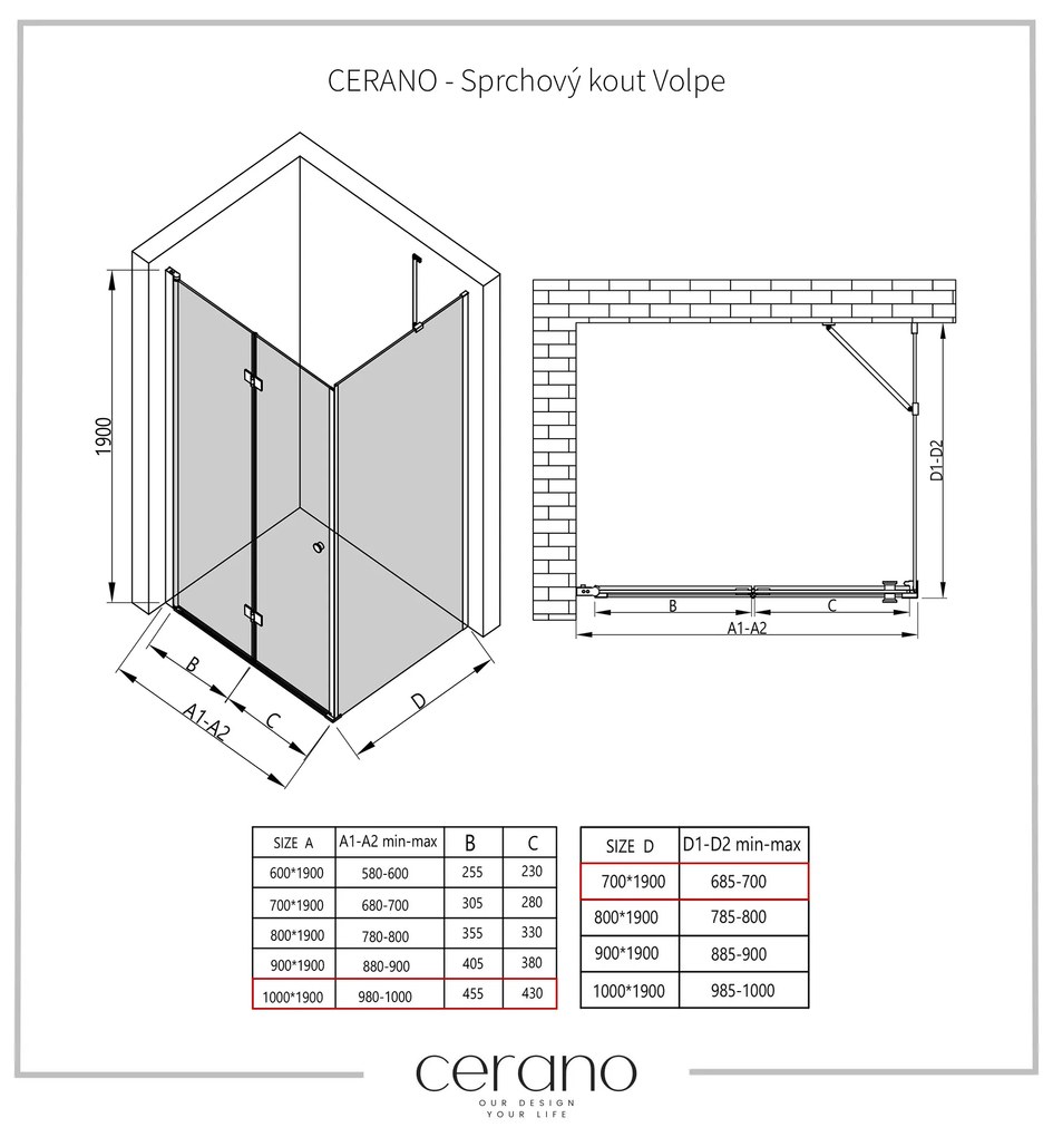 Cerano Volpe, sprchovací kút so skladacími dverami 100(dvere) x 70(stena), 6mm číre sklo, čierny profil, CER-CER-427339
