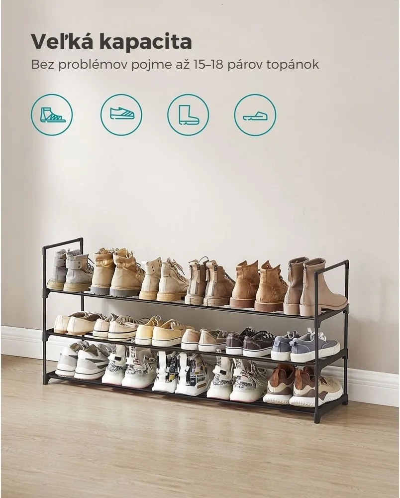 Regál na topánky TORINO, 3 police, 30x116x55cm, čierna SongmicsHome