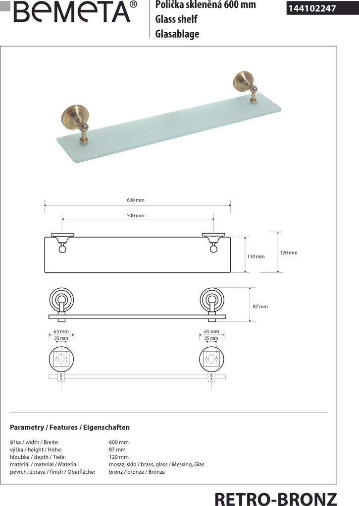 Bemeta Design RETRO bronz: Polička, 600 mm, sklo - 144102247